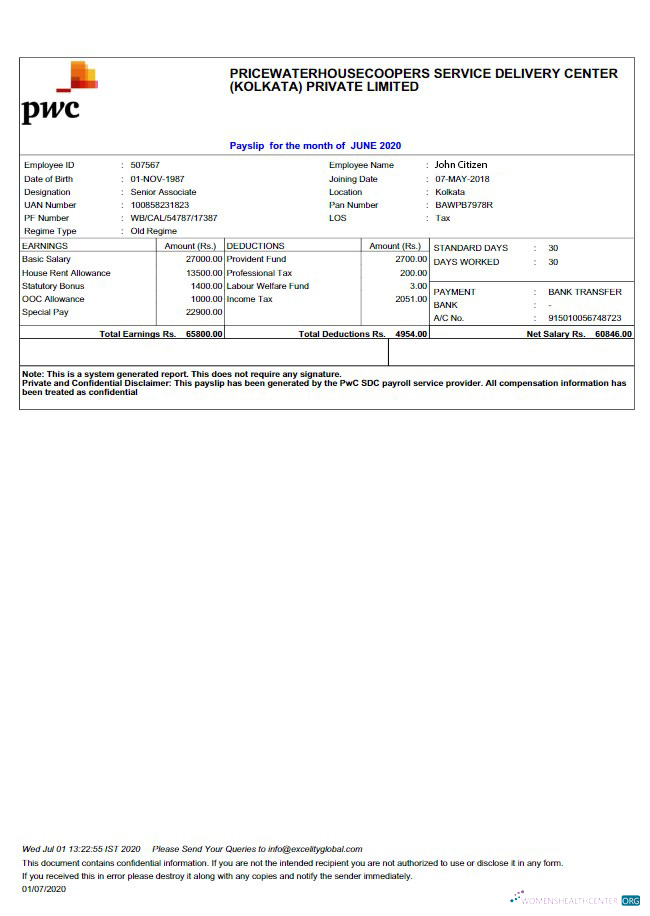 INDIA PRICEWATERHOUSECOOPERS Service Delivery Center (Kolkata) Private limited payslip in Word and PDF formats